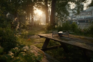 Modern drone on a wooden picnic table in a serene sunlit park at golden hour.