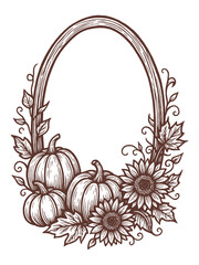Pumpkin floral frame vertical autumn sketch vector illustration