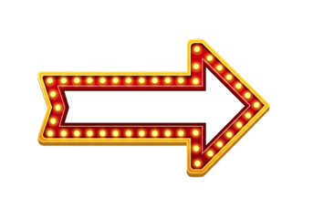 Retro illuminated arrow sign with glowing bulbs pointing right isolated on transparent background