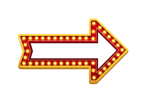 Retro illuminated arrow sign with glowing bulbs pointing right isolated on transparent background - Powered by Adobe