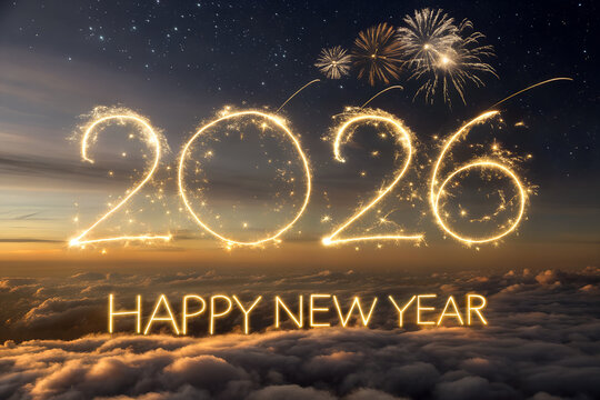 Sparkler “2026” with fireworks and glowing sky—celebrating the New Year with brilliance, hope, and the promise of new beginnings under a dramatic sunset.   generative ai