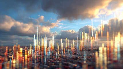 Floating glowing data bars rise to form an abstract skyline, hyperrealistic and futuristic. Symbolizes technology, growth, innovation, and digital cities with light reflections creating a modern cyber