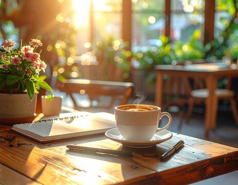 A sunlit cafe scene featuring a cup of coffee with a saucer, open notebook, pen, and flowers on a wooden table. Blurry background - Powered by Adobe