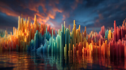 Floating glowing data bars rise to form an abstract skyline, hyperrealistic and futuristic. Symbolizes technology, growth, innovation, and digital cities with light reflections creating a modern cyber