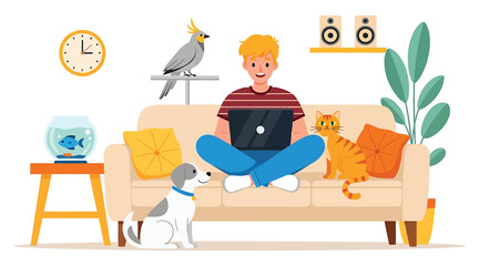 Naklejka na ściany i meble Vector art of a young man is sitting on a sofa with a laptop, a cat, a dog, a parrot, a fishbowl, a clock, speakers, and a plant he is working from home and enjoying the company of his pets