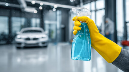 Hand in yellow glove holds blue spray bottle while cleaning a car in a bright garage space