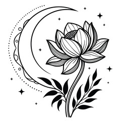 A delicate moonlit flower illustration in black and white suitable for elegant floral designs and artistic projects