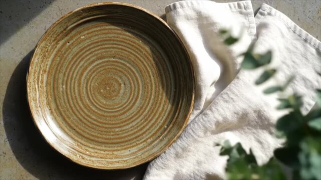 Rustic Circular Plate on Textured Cloth with Plant, Natural Sunlight Food Still Life