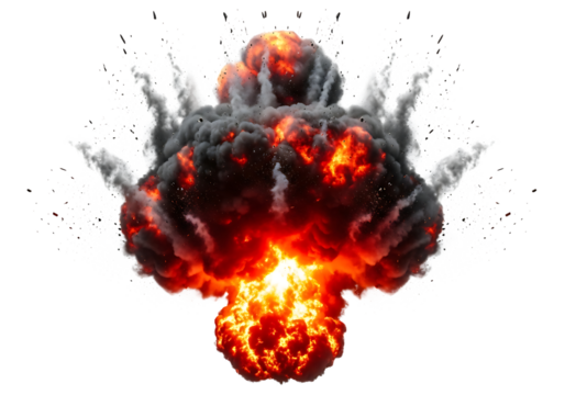 Fiery explosion with smoke and debris isolated on transparent background