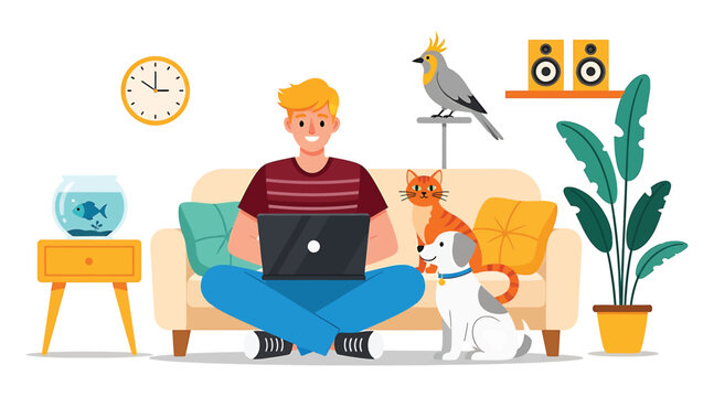 Vector art of a young man is sitting on a sofa with a laptop, a cat, a dog, a parrot, a fishbowl, a clock, speakers, and a plant he is working from home and enjoying his pets