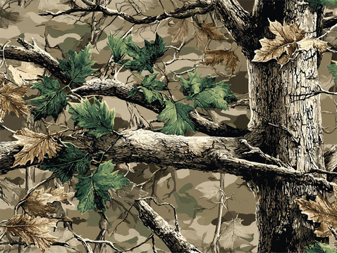 Real tree forest camouflage seamless pattern design pattern for hunting and military uniform. A camouflage pattern featuring oak leaves and branches, with earthy tones of brown and green.