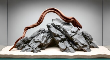 Aquascaping layout with driftwood and black lava rock on sand isolated on white background