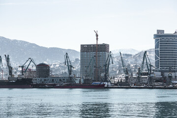 Obraz premium Industrial port with multiple cranes cargo handling and snowy mountains background