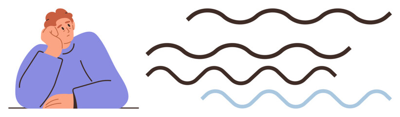 Individual leaning on hand in deep thought with wavy lines symbolizing contemplation, emotions, or creativity. Ideal for brainstorming, introspection, creativity, problem-solving, calmness