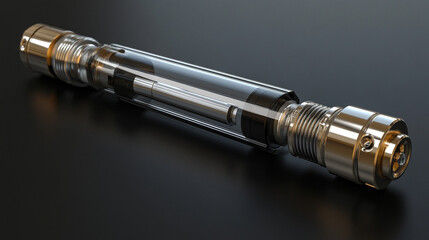 Hyperrealistic pneumatic hydraulic piston displayed in clean bright lighting, emphasizing modern engineering, smooth metal surfaces, industrial efficiency, and precise mechanical performance.
