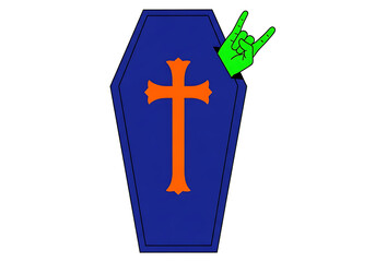 Fototapeta premium Gothic blue coffin with orange cross and green rock on hand symbol isolated on transparent background