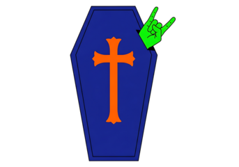Gothic blue coffin with orange cross and green rock on hand symbol isolated on transparent background