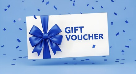 Gift voucher with blue ribbon and confetti on a blue background