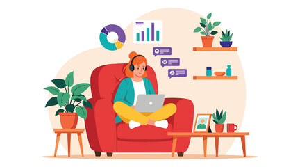 Vector art of a woman with headphones sits in a red armchair, working on a laptop, surrounded by plants and charts, she is working from home