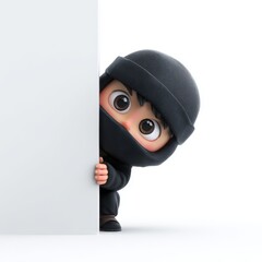 Cartoon character ninja peeking around a white blank board hiding child