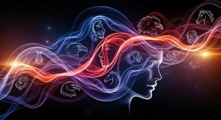 Mystical human mind unleashing inner animal spirits through vibrant smoky energy, symbolizing power and transformation