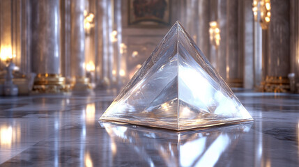 A floating glass pyramid above a glossy marble floor symbolizing clarity balance and futuristic design representing elegance minimalism and the harmony of light structure and reflection