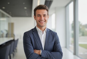 自身に満ちた笑みを浮かべる白人ビジネスマン、マネージャー、経営者