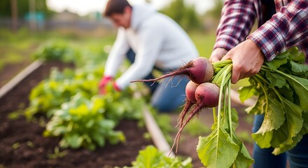 Farmer holding fresh beets in garden with another farmer in background