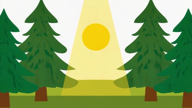 Stylized Forest Scene with Sunbeam and Yellow Circle trees pine trees
