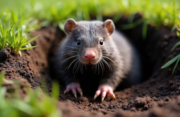 Cute gray mole peeks out from its burrow in ground. Small wild mammal with dark fur and pink nose emerges from its hole. This rodent lives underground in garden lawn, digging tunnels in backyard soil.