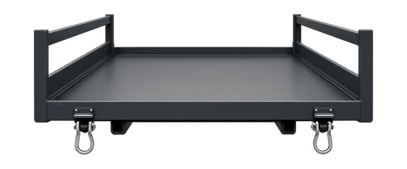 Flatbed platform featuring side rails and retractable securing hooks.