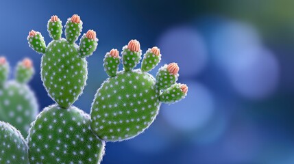 Vibrant Green Cactus with Delicate Orange Buds Against a Soft Blue Bokeh Background