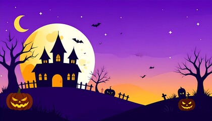 A spooky Halloween scene features a haunted castle silhouette atop a hill, moon, and carved pumpkins. Bats fly. Dead trees frame the backdrop