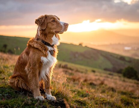 Dog sits on hillside looking at sunset, with golden hour lighting
