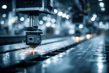 Industrial laser cutting process with vibrant sparks on metal sheet, high-tech manufacturing.