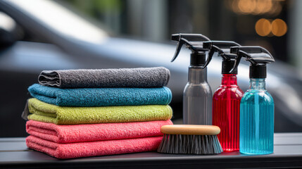 Professional auto detailing tools including microfiber cloths and spray bottles for car care