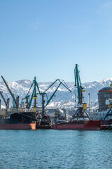 Industrial cargo ship with cranes at port with snow covered mountains background