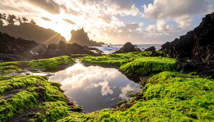 A sunlit coastal landscape with vibrant green algae-covered rocks, a reflective tide pool, and a dramatic coastline