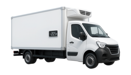 Insulated cargo truck with sturdy corners and a clear temperature display.