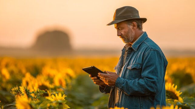 Senior man using farming technology while standing in a sunflower field during sunset