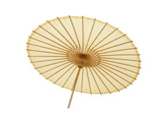 Isolated beige oiled paper umbrella with bamboo frame, open rain protection parasol