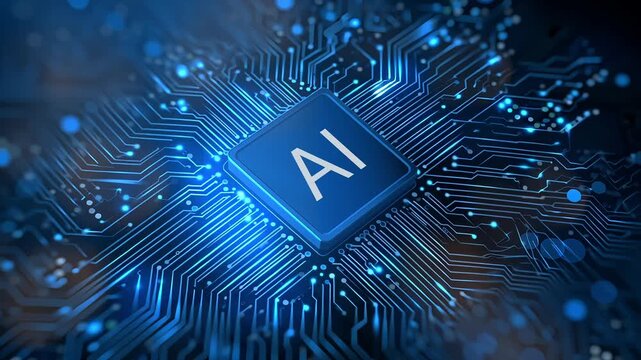 A blue computer chip with the letters AI on it. The chip is blue and has a white outline