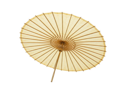 Isolated beige oiled paper umbrella with bamboo frame, open rain protection parasol - Powered by Adobe