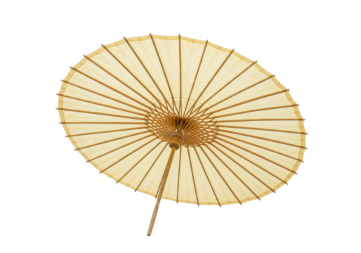 Isolated beige oiled paper umbrella with bamboo frame, open rain protection parasol