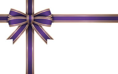 Purple and gold color satin ribbon bow isolated on transparent background,perfect festive design element for luxury gifts, holidays, or digital compositions.