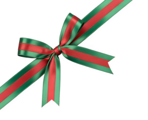 Green and red color satin ribbon bow isolated on transparent background, ideal for Christmas and holiday design use.