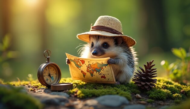 Curious hedgehog wearing hat studies world map in forest. Small animal explores journey adventure outdoors. Compass and pine cone present travel theme. Cute hedgehog planning travel exploration