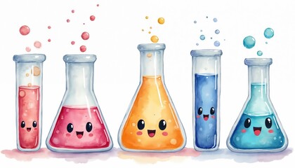 Sweet watercolor lab essentials illustration. Cute, smiling test tubes, beakers hold colorful liquid with bubbles. Fun science clipart for children. Graphic perfect for educational materials, school