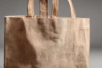 Textured natural eco-friendly reusable burlap shopping bag against grey.