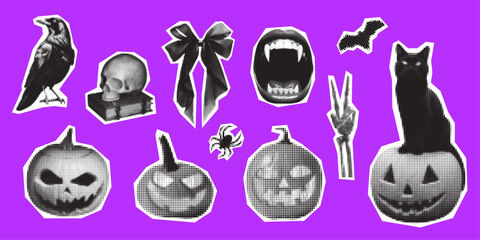 Set of retro halftone Halloween stickers. Dotted effect pumpkins, skull, black cat, raven, vampire mouth, bat, spider, ribbon. Gothic collage elements.
